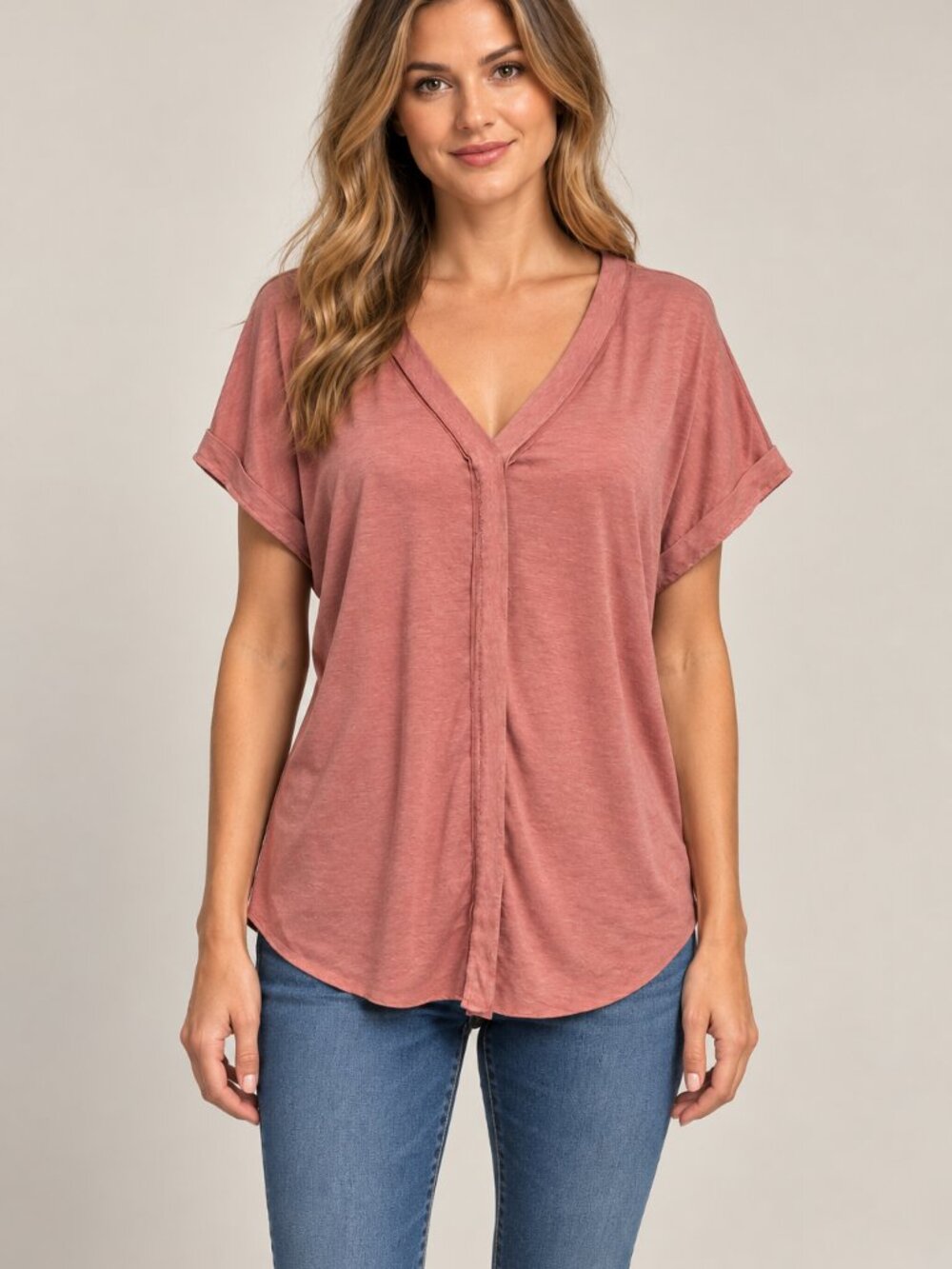 SHEIN EU 36 US 4 Dusty Rose V Neck Blouse Relaxed Oversized Short Sleeve Top